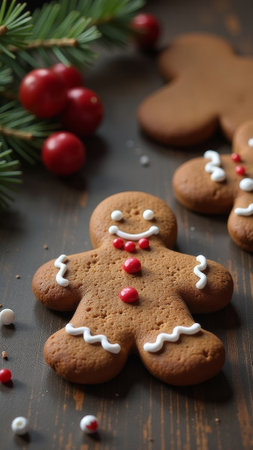 Gingerbread Cookies Lying On Wooden Table, Christmas bakery.の素材