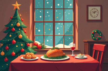 Christmas dinner, plate of food on the table, a decorated Christmas tree in the background.の素材