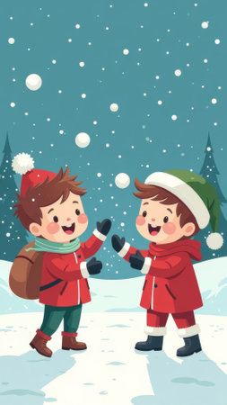 Children Playing Snowballs Outdoors, Bright Day Winter Illustration Card.の素材
