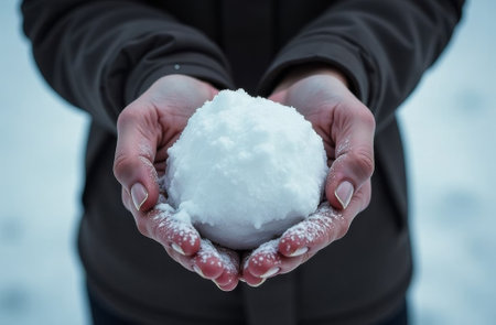 Snowball in hands, close-up hand holding snow, macro shot, bird's eye view.の素材
