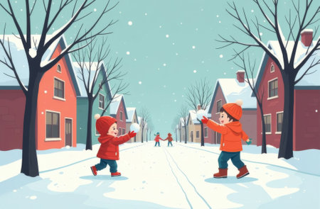 Children Playing Snowballs Outdoors, Bright Day Winter Illustration Card.の素材