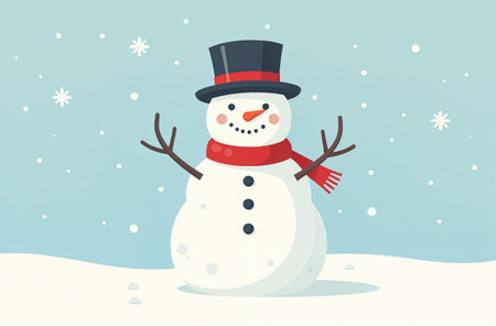 Snowman in hat and scarf standing in the snow against the background of the forest in winter, free space for text.の素材