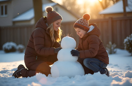 Woman and boy make a snowman in the backyard of the house, family of mother and son playing outside in winter.の素材