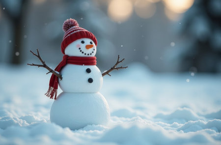 Snowman in hat and scarf standing in the snow against the background of the forest in winter, free space for text.の素材