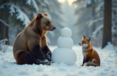 A bear and a fox make a snowman in the forest in winter, wild animals sit in the snow.の素材