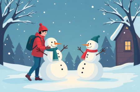 Man making a snowman, snowmen standing on the snow in the forest in winter, snowfall.の素材