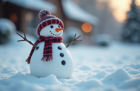Snowman in hat and scarf standing in the snow against the background of the forest in winter, free space for text.の素材