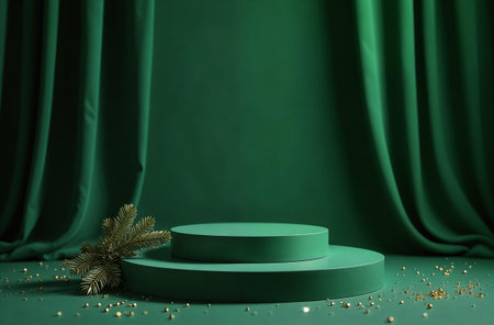 Product Presentation Podium on Green Drapery and Christmas Tree Background, New Year Advertising Stand with Empty Space for Product.の素材