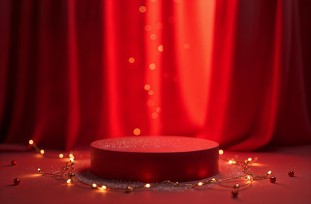 Product Presentation Podium on red Drapery and Christmas Tree Background, New Year Advertising Stand with Empty Space for Product.の素材