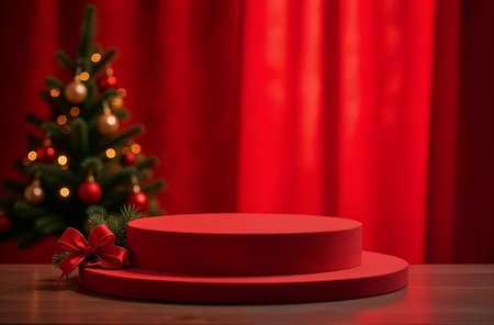 Product Presentation Podium on red Drapery and Christmas Tree Background, New Year Advertising Stand with Empty Space for Product.の素材