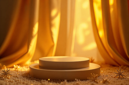 Product Presentation Podium on gold Drapery and Christmas Tree Background, New Year Advertising Stand with Empty Space for Product.の素材