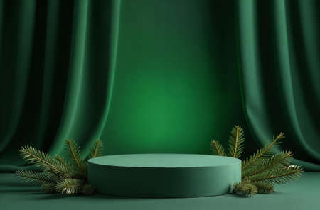 Product Presentation Podium on Green Drapery and Christmas Tree Background, New Year Advertising Stand with Empty Space for Product.の素材