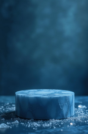 Ice product Presentation Podium on table, winter Advertising Stand with Empty Space for Product.の素材