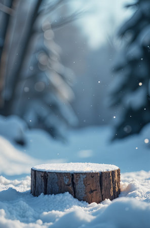 Product Presentation Podium on snow in forest and Christmas Tree Background, New Year Advertising Stand with Empty Space for Product.の素材