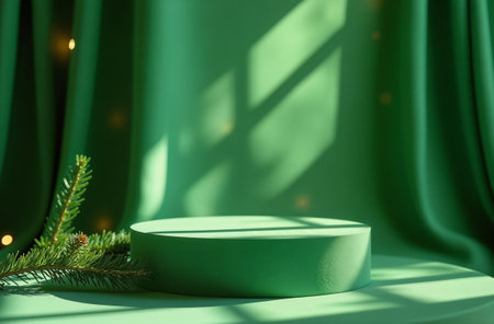 Product Presentation Podium on Green Drapery and Christmas Tree Background, New Year Advertising Stand with Empty Space for Product.の素材