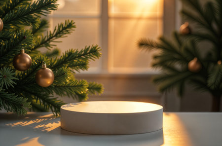 Product Presentation Podium on window and Christmas Tree Background, New Year Advertising Stand with Empty Space for Product.の素材