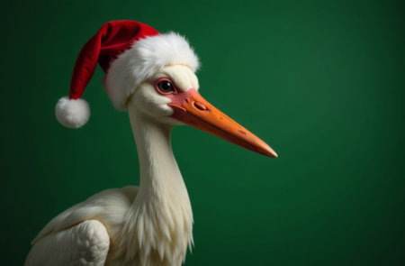 New Year stork Portrait in Santa Claus Hat on Green Background, Christmas Card with Place for text.の素材
