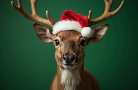New Year deer Portrait in Santa Claus Hat on Green Background, Christmas Card with Place for text.の素材