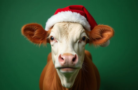 New Year cow Portrait in Santa Claus Hat on Green Background, Christmas Card with Place for text.の素材