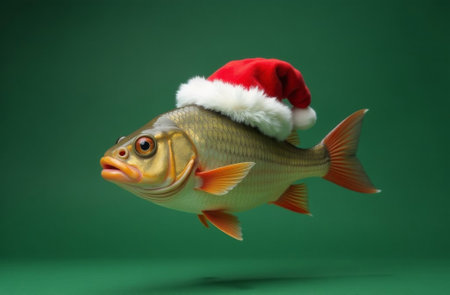 New Year fish Portrait in Santa Claus Hat on Green Background, Christmas Card with Place for text.の素材