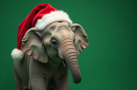 New Year elephant Portrait in Santa Claus Hat on Green Background, Christmas Card with Place for text.の素材