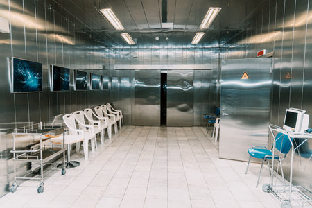 Interior of a corridor hall in a hospital, a bright room with medical equipment