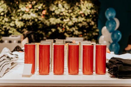 Red thermoses displayed on a white table with balloons in the background