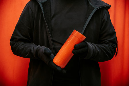 A person holding an orange thermos flask while wearing black winter clothing and gloves against a red backgroundの写真素材