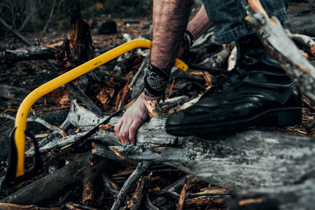 Cutting wood for firewood with a saw for campfire after hikingの写真素材