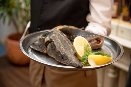 Roasted whole fish served on a metal plate with lemon wedges and fresh herbs