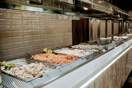 Buffet setup with multiple food dishes in warming trays, displayed along a counter with tiled wall backgroundの写真素材