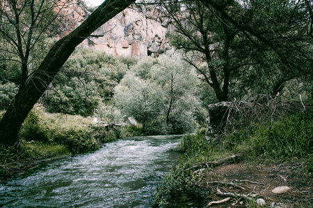Cappadocia Turkey landscape of the river among the stones, fast flow of water in the reservoir in the light of dayの写真素材