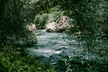 Cappadocia Turkey landscape of the river among the stones, fast flow of water in the reservoir in the light of dayの写真素材