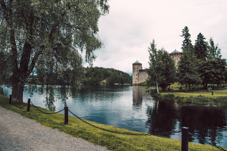 Savonlinna, Finland, 15 June 2019, Fortress in the old town, old stone landmark, fortification building landscapeの写真素材