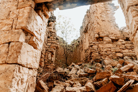 Dagestan, Russia, aul Gamsutl fortress in the old town, old stone landmark, fortification building landscapeの写真素材