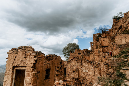 Dagestan, Russia, aul Gamsutl fortress in the old town, old stone landmark, fortification building landscapeの写真素材
