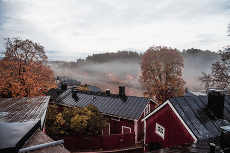 Porvoo, Finland, October 2019, City street on a cloudy rainy day, deserted little town on an autumn...