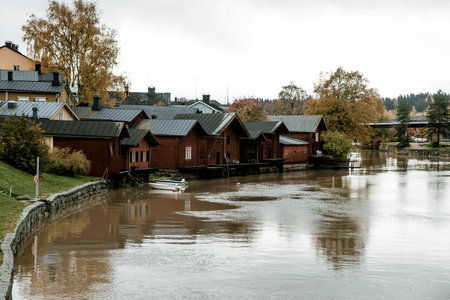 Porvoo, Finland, October 2019, City street on a cloudy rainy day, little town on an autumn dayの写真素材