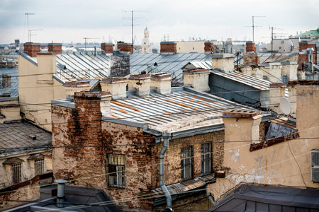 Saint Petersburg, Russia, July 2019, Roofs of old buildings in the city center, view from aboveの写真素材