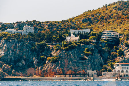 Yalta, Crimea, August 2020, Residential town buildings, city landscape, modern urban downtown district panoramaの写真素材