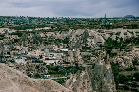 Goreme, Cappadocia, Turkey, May 2018, Residential town buildings, city landscape, urban downtown district panoramaの写真素材
