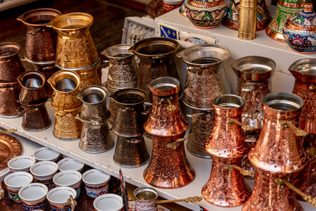 Eastern Grand Bazaar market sells local traditional dishes, plates, peas, dishes and cezves on counter in Mostar, Bosnia and Herzegovina,の写真素材