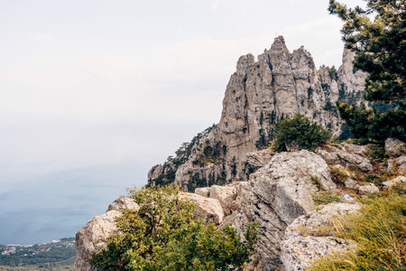 Landscape of Crimea mountains, peak Ai-Petri panorama range in haze in summerの写真素材