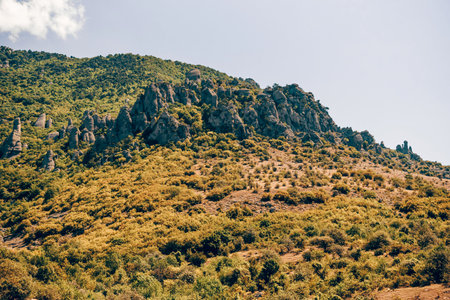 Landscape of Crimea mountains, mountain range in haze in summer Valley of Ghostsの写真素材