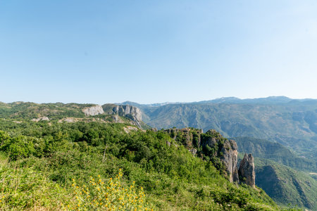Landscape of Bosnia and Herzegovina mountains, hill peak range in haze in summer Europeの写真素材