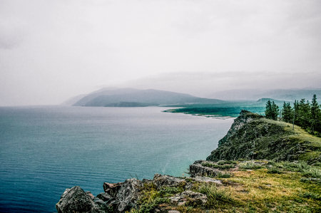 Krasnoyarsk Reservoir on the Yeniisei River, winter landscape on cloudy day in Siberiaの写真素材