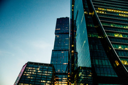 Glass tall multi-storey buildings skyscrapers Moscow City in the city center downtown