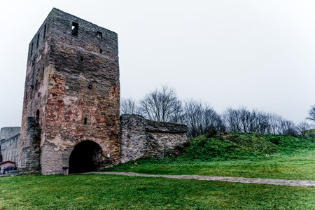 Ivangorod Fortress in the old town, old stone landmark, fortification building landscape, Russiaの写真素材