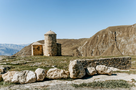 Old Small Stone islamic religion muslim Mosque architecture in the Mountains of Dagestan, Russia