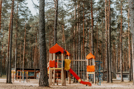 Empty playground with multi-colored play complex in pine forest, panorama on summer cloudy day